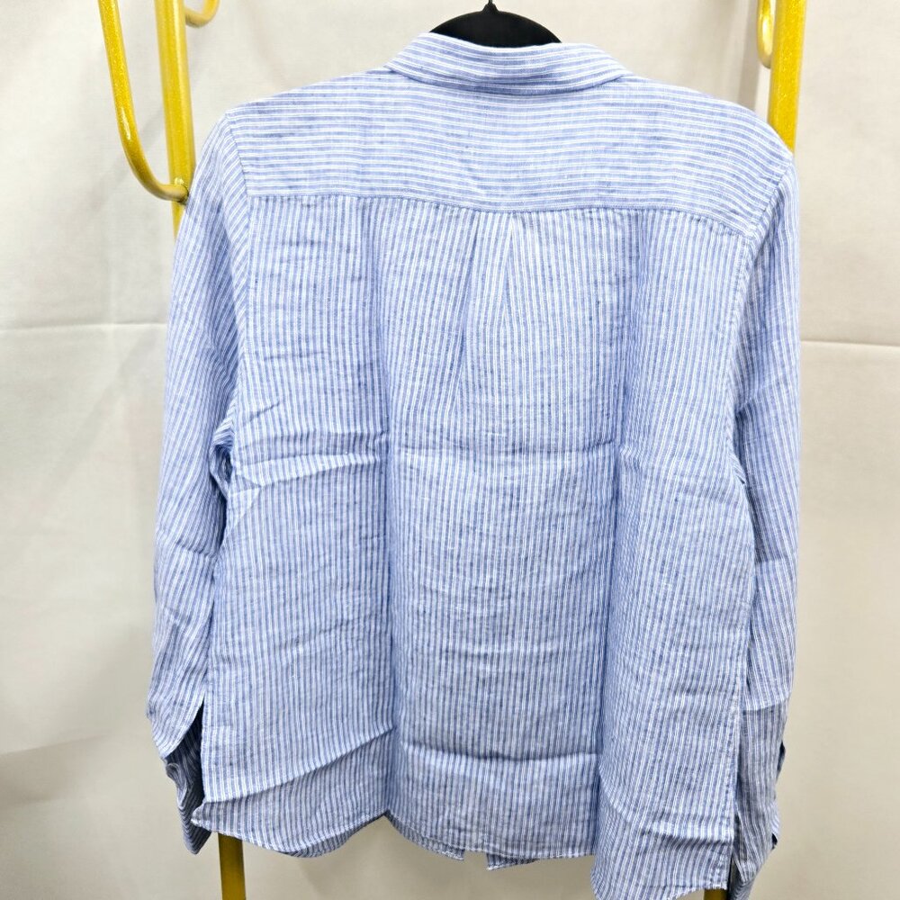 NWT UNTUCKit VILLA FIORE 100% LINEN BLUE WHITE PINSTRIPE BUTTON FRONT SHIRT - Picture 3 of 9
